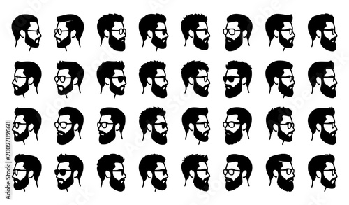 Fotografie Set of bearded man silhouettes with glasses in profile views modern vector colle