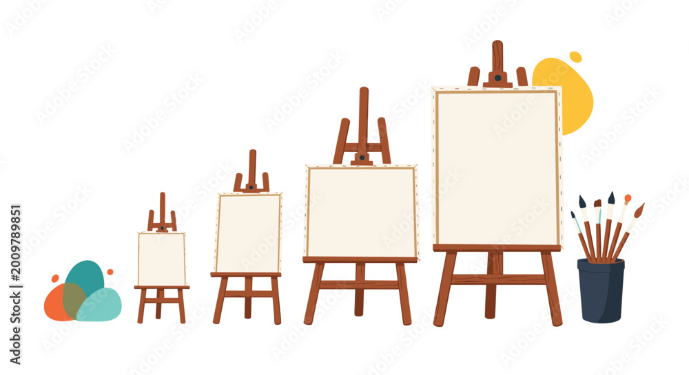 Fototapeta premium Collection of wooden artist easels in various sizes holding blank white canvases for painting and drawing on a clean background with art tools.