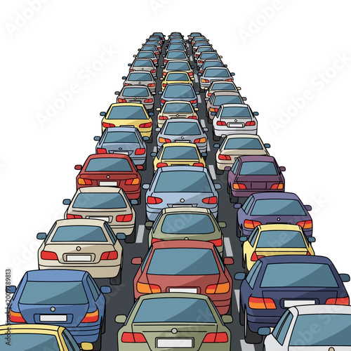 Endless traffic jam of colorful cars on a highway, illustration