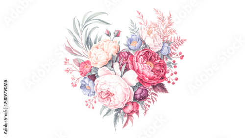 Exquisite bouquet of vibrant pink and soft white peonies arranged into a heart shape representing love and beauty for artistic invitations or floral graphic designs