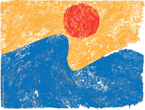 Canvas Print Ocean wave background in sunset with blue brush texture, summer sea banner ideal for surfing with copy space, artistic grunge design