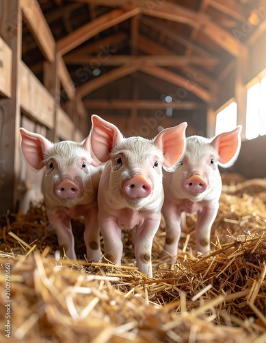 Three adorable piglets in a barn.