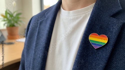 Professional wearing rainbow heart pin on smart casual navy blazer close-up