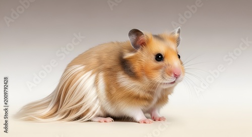 A charming golden hamster with fluffy fur is sitting gracefully and attentively, its small pink nose twitching slightly as it explores its surroundings with its bright, curious eyes, showcasing