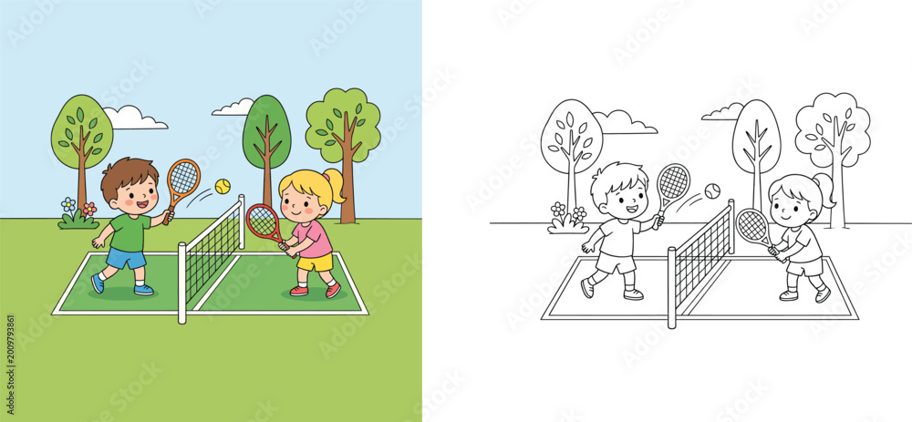 Fototapeta premium Cute Boy and Girl Playing Tennis Outdoors Cartoon Illustration and Coloring Page Vector - Happy Children Athletes Hitting Ball on Grass Court for Kids Activity and Education