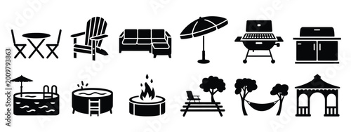Tableau sur toile Set of black patio furniture and backyard icons including grill pool hot tub fire pit hammock gazebo and outdoor seating silhouettes