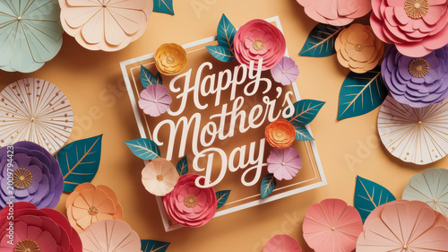 Happy mother's day celebration message displayed inside a decorative frame surrounded by vibrant handcrafted paper flowers set against a soft warm orange background surface design
