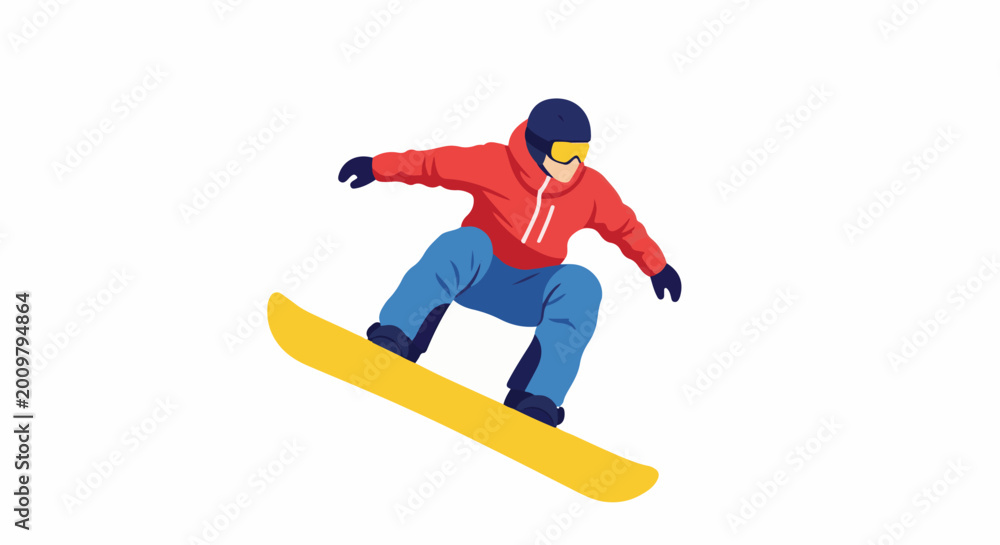 Fototapeta premium Person in red hoodie, blue pants, and helmet snowboarding on yellow board