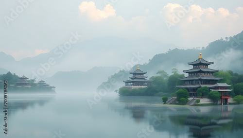 chinese temple in the fog