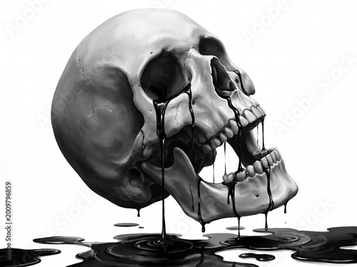Melting skull with black liquid isolated on white background