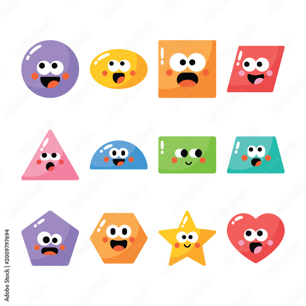 Fototapeta premium Cute colorful geometric shapes cartoon characters set isolated on transparent background.