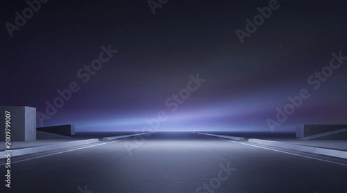 Runway with a glowing horizon line that stretches infinitely into the distance sky and clouds