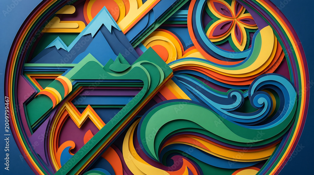 Fototapeta premium Vibrant Abstract Layered Landscape Illustration with Dynamic Waves, Majestic Mountains, and Organic Floral Patterns in a Rich Paper Cut Style