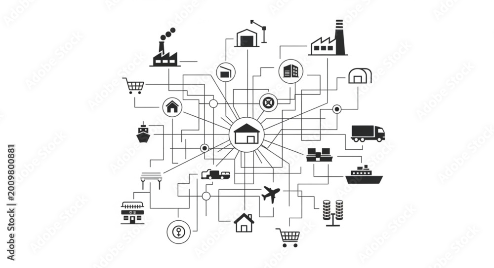 Fototapeta premium Supply Chain Logistics Network Diagram with Icons.