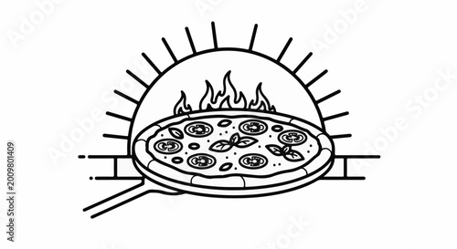 Pizza cooking in a brick oven with flames and a peel