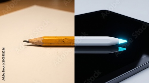 Contrasting old wooden pencil next to modern glowing digital stylus.