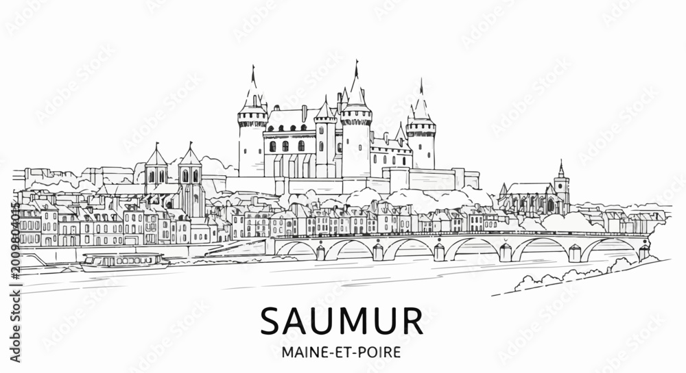 Fototapeta premium Sketch of a French castle and town on a river with a bridge