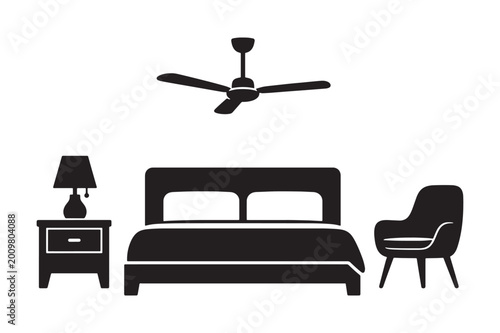 Bedroom Interior Silhouette Icon Set Bed Nightstand Lamp Chair Ceiling Fan Vector
