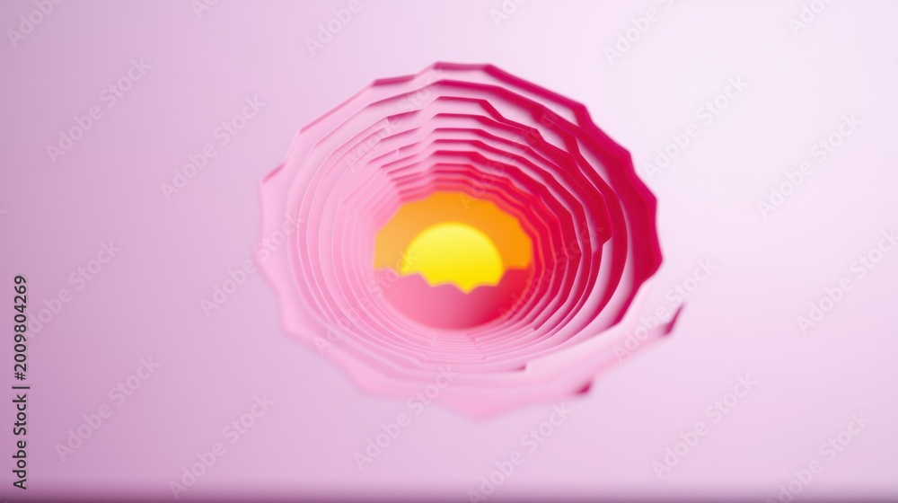 Fototapeta premium Pink paper layers form tunnel. Sun shines through center, creating warm glow. Minimalist design, soft lighting.