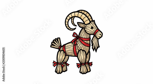 Straw goat figure decorated with red ribbons and bows