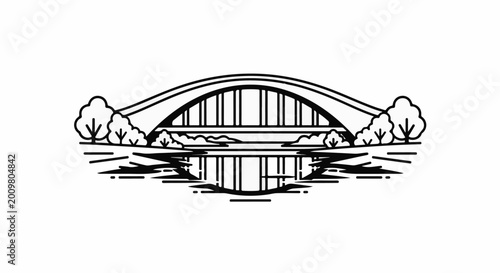 Stylized arch bridge over water with trees, reflected in the water below