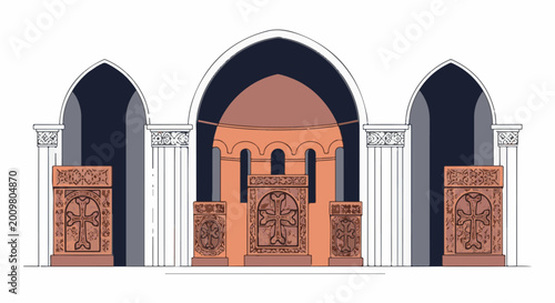 Stylized architectural interior of a church featuring ornate carved stone elements