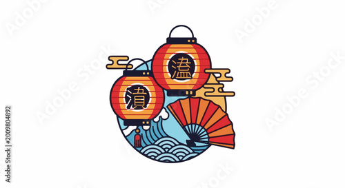 Stylized Asian scene with lanterns, waves, and a fan