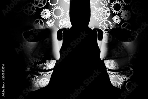 AI robotic concept with cogs for brains black background