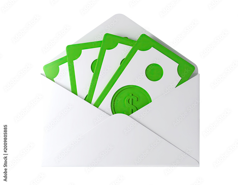 Obraz premium White Envelope with Green Dollar Bills and Coin