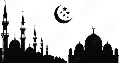 Schilderij op canvas Elegant mosque skyline silhouette vector illustration with crescent moon, stars,