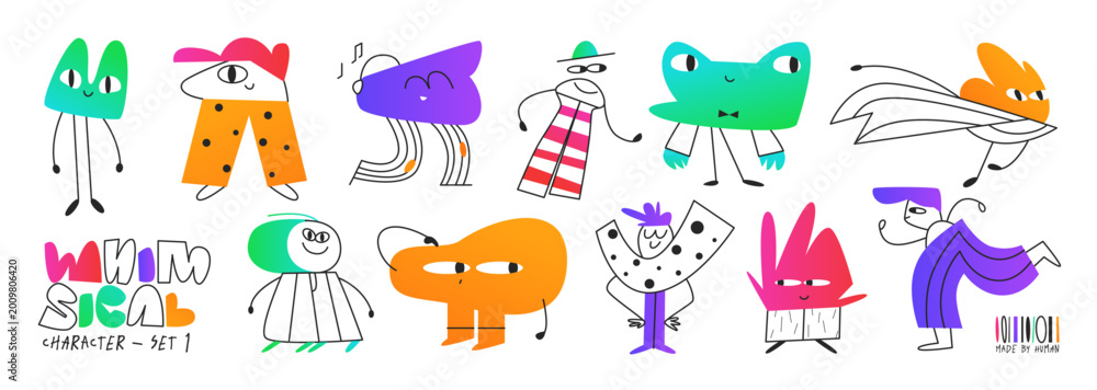 Fototapeta premium Character Whimsical Abstract Cartoon Illustration with Geometric Retro Design and Cute Smile Mascot Features A Comic Motif with Eyes and Friend Shape Face. Modern Happy Child Creature.