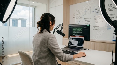 Woman podcaster or streamer recording audio with professional microphone and headset in modern home studio setup with laptop and monitor content creator home office remote work video call