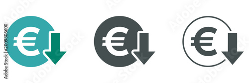 Cost reduction vector signs featuring euro currency decrease symbols, downward arrows, savings indicators