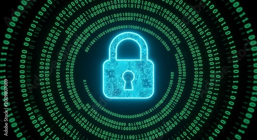 Digital padlock icon surrounded by glowing green binary code data stream