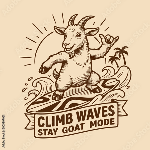 Photography Goat surfing on a wave board.