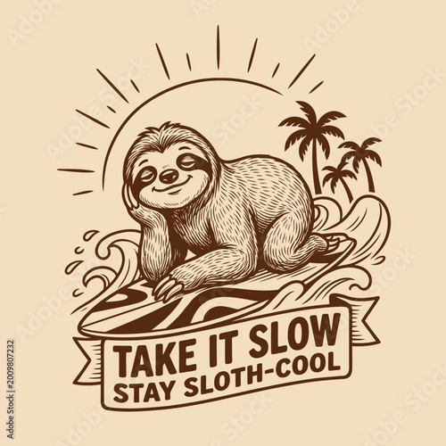 Photography Sloth on surfboard smiling relaxed.