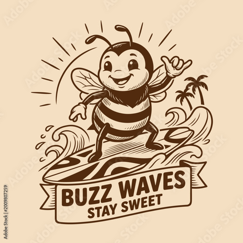 Fotografie Smiling Bee Riding Surfboard Wave.