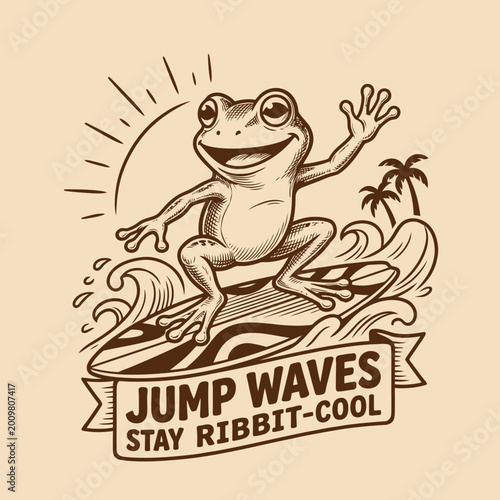 Photography Smiling Frog on a Surfboard Riding.