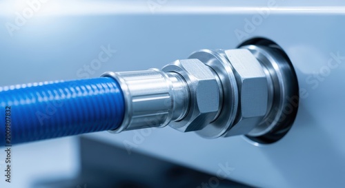 Blue hydraulic hose with metal connector attached to industrial equipment in clean environment