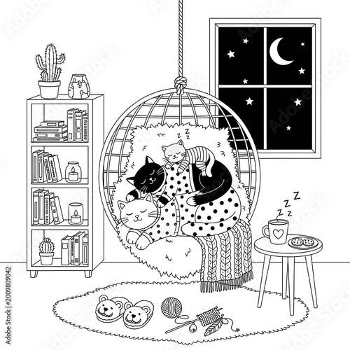 Cute cats sleeping in hanging chair coloring page for kids and adult.