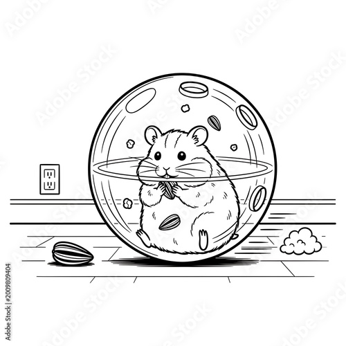 Hamster in exercise ball holding sunflower seed coloring page for kids.
