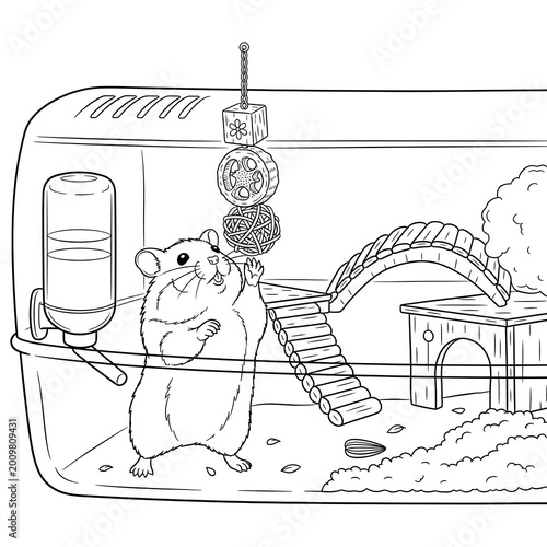 Happy hamster playing with hanging wooden toys in cage coloring image.