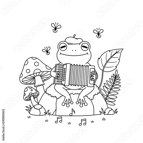 Frog playing accordion under mushroom in nature with music notes and flies.