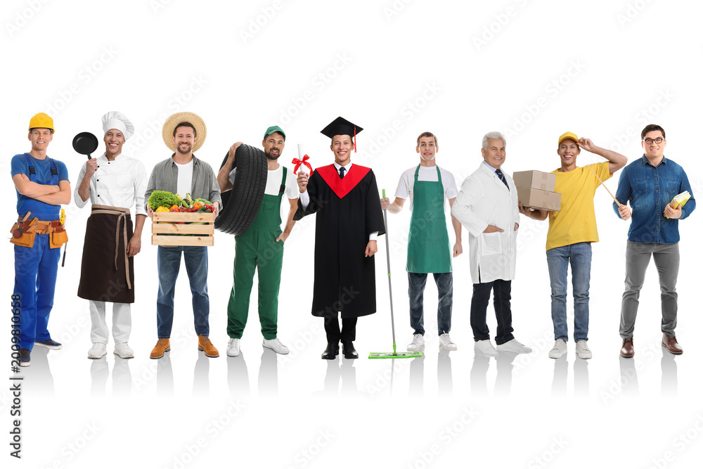 Obraz premium Graduate student and men of various occupations on white background. Choice of profession