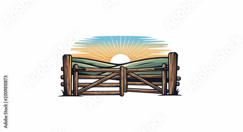 Rustic wooden farm gate opens to rolling green hills at sunrise