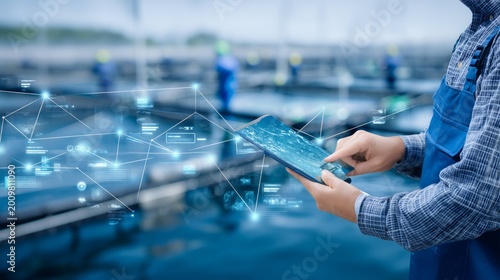 Closeup of Person Using Tablet in Aquaculture Facility Setting