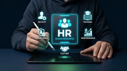 Holographic human resources management with hands interacting with hr icons and talent development interface well being organization development employee relations recruitment employee business