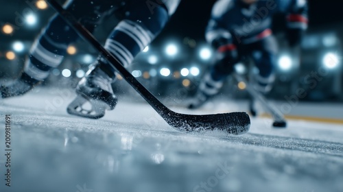 Hockey players skate and battle for puck during game on ice rink in arena at night with bright lights