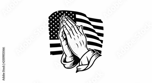 Praying hands superimposed on a waving United States flag