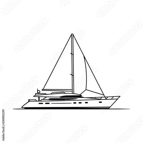 фотографія Line art illustration of a sleek modern sailboat with large sails, depicted in a minimalist black and white style